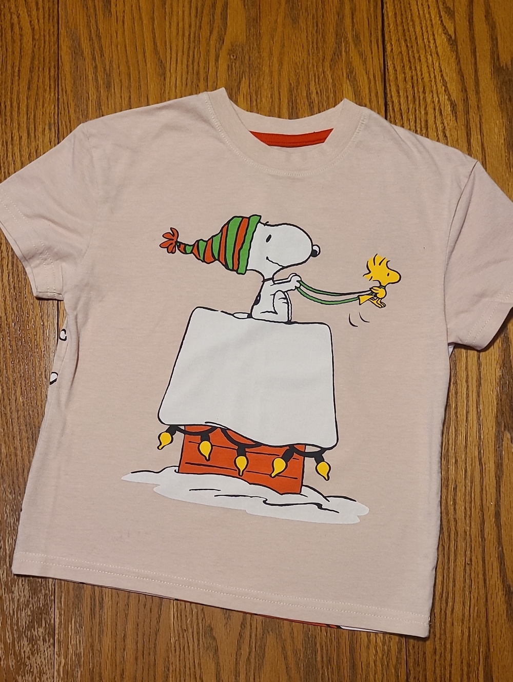 Peanuts Kids Beige Tee with Snoopy & Woodstock Holiday Motif - XS